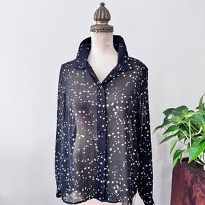 CAbi S Celestial Star Print Blouse Top Black Gold Button Front Collared Career